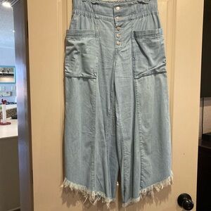 Free People Blue Flare Wide-Leg Jeans with Frayed Hem